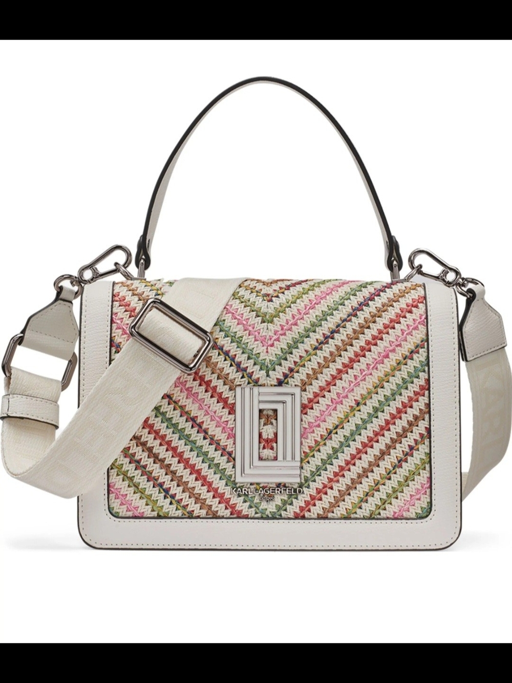 Karl Lagerfeld Simone Raffia Cream Multicolor Satchel With Crossbody Strap